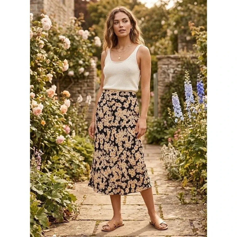 Réalisation Par The Naomi Flower Power 100% Silk Daisy Floral Midi Skirt S